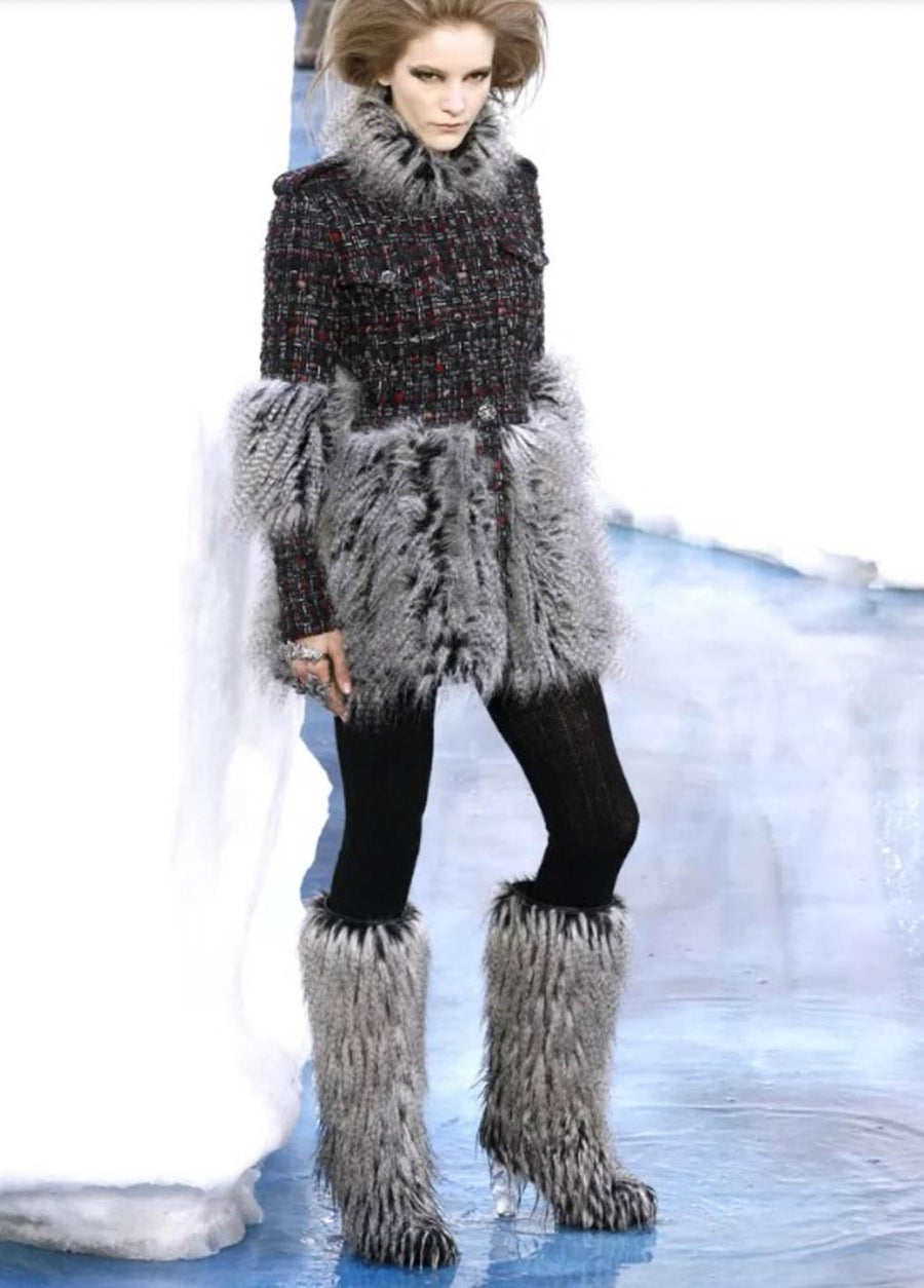 Chanel Fall 2010 Runway Grey Faux Fur Yeti Heeled Boots with Clear Icicle Heel Detail Size EU 38