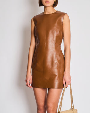 *SUPER HOT* Hermes Caramel Brown Leather Mini Dress with Pocket Details Size FR 38 UK 10
