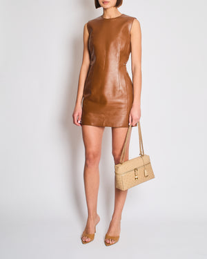 *SUPER HOT* Hermes Caramel Brown Leather Mini Dress with Pocket Details Size FR 38 UK 10