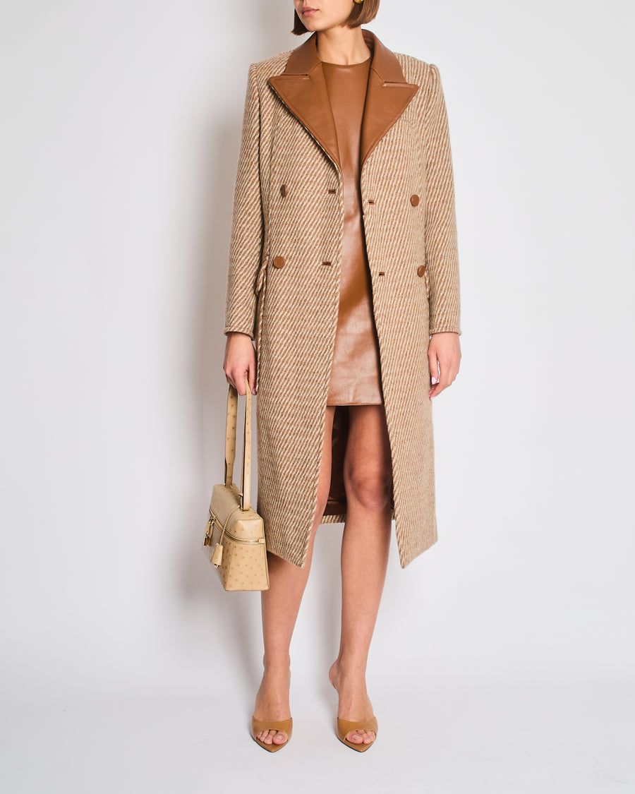 *SUPER HOT* Hermes Caramel and Grey Wool Cashmere Coat with Leather Collar Detail Size FR 36 UK 8