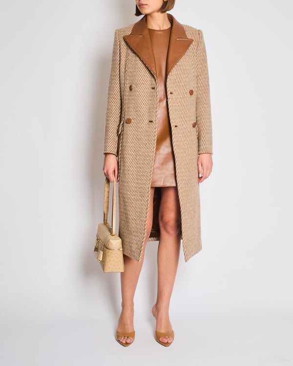 *SUPER HOT* Hermes Caramel and Grey Wool Cashmere Coat with Leather Collar Detail Size FR 36 UK 8