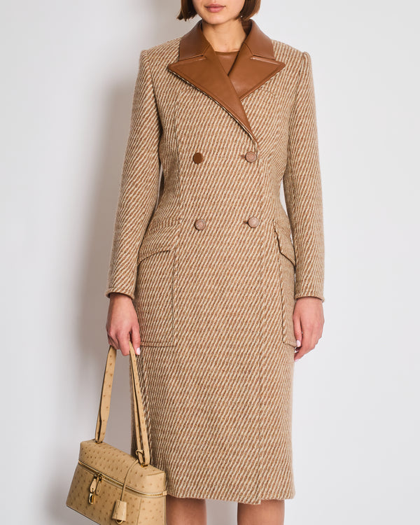 *SUPER HOT* Hermes Caramel and Grey Wool Cashmere Coat with Leather Collar Detail Size FR 36 UK 8
