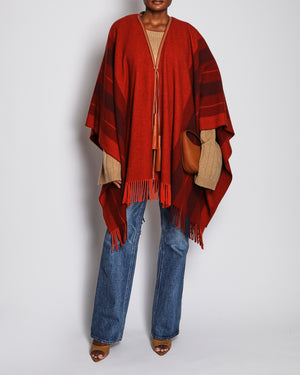 Hermès Orange Herringbone Fringe Cape with Leather Tie Detail Size OS