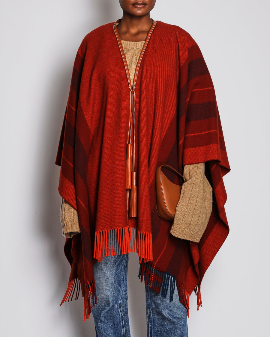 Hermès Orange Herringbone Fringe Cape with Leather Tie Detail Size OS