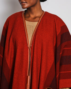 Hermès Orange Herringbone Fringe Cape with Leather Tie Detail Size OS
