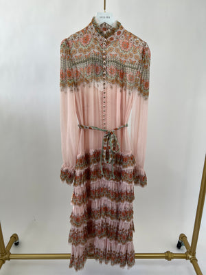 Zimmermann Pink Paisley Floral Ruffle Printed Long Dress with Star Buttons Details 0 (UK 8)