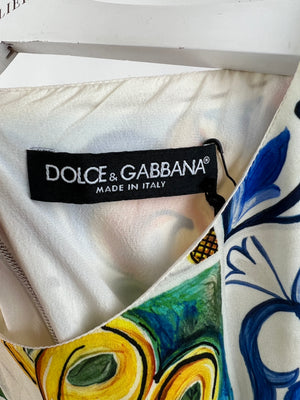 Dolce & Gabbana White Sleeveless Dress with Multicolour Prints Size IT 38 (UK 6)