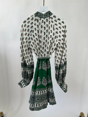Zimmermann Green Printed Linen Dress with Belt Size 0 (UK 8)