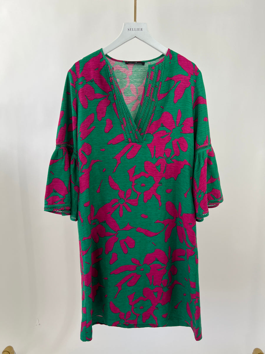 Carolina Herrera Green and Pink Floral Sleeveless Dress Size XS (UK 6)