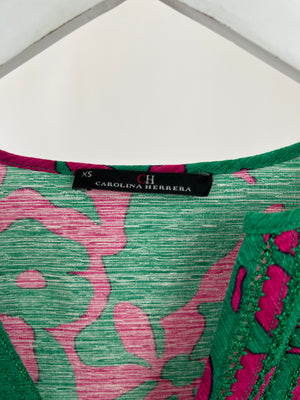 Carolina Herrera Green and Pink Floral Sleeveless Dress Size XS (UK 6)