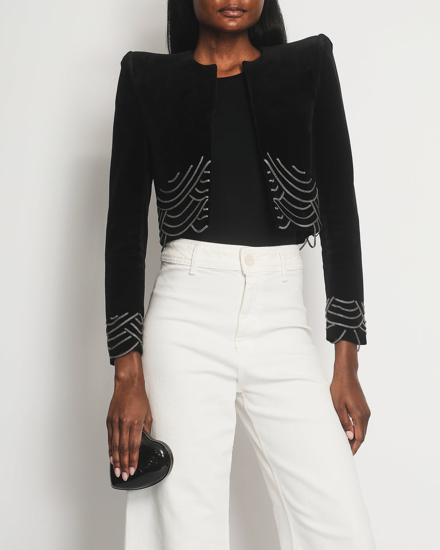 Saint Laurent Black Velvet Cropped Blazer Jacket With Silver Chain Detail Size FR 38 (UK 10)