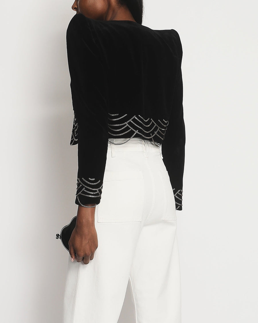 Saint Laurent Black Velvet Cropped Blazer Jacket With Silver Chain Detail Size FR 38 (UK 10)
