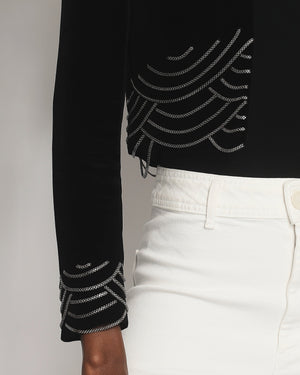 Saint Laurent Black Velvet Cropped Blazer Jacket With Silver Chain Detail Size FR 38 (UK 10)