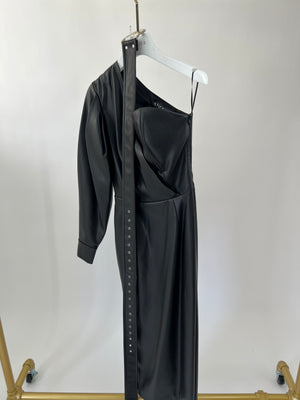 Anouki Black Faux Leather One-Shoulder Dress with Belt Size UK 8