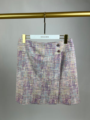 Chanel Purple, Beige and Blue Cotton Tweed Skirt with CC Buttons Detail Size  FR 44 ( UK 16)