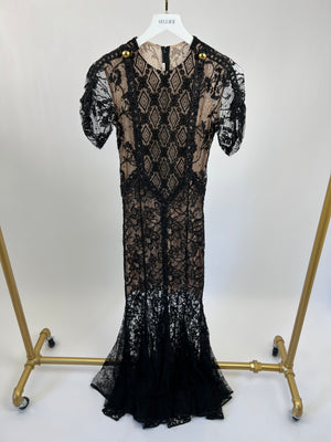 Alessandra Rich Black Short Sleeve Lace Maxi Dress with Gold Shoulder Button Detail IT 40 (UK 8)