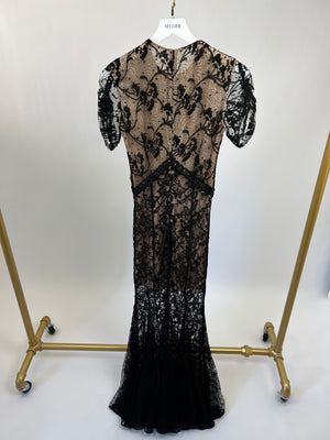 Alessandra Rich Black Short Sleeve Lace Maxi Dress with Gold Shoulder Button Detail IT 40 (UK 8)