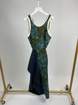 3.1 Philip Lim Navy and Green Back Cut-Out Midi Dress with Green Floral and Navy Pinstripe Detail Size 4 (UK 8)