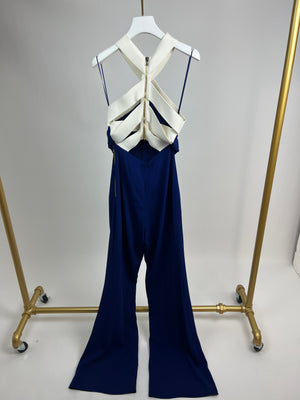 Roland Mouret Electric Blue and White Halter Neck Jumpsuit with Cut Out Back Detail Size IT 42 (UK 10)