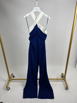 Roland Mouret Electric Blue and White Halter Neck Jumpsuit with Cut Out Back Detail Size IT 42 (UK 10)