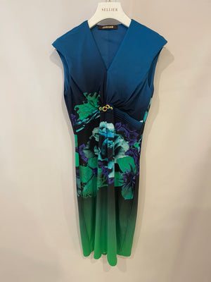 Roberto Cavalli Blue and Green Floral Dress with Gold Detail Size IT 46 (UK 14)