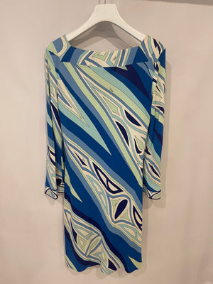 Emilio Pucci Blue Silk Belted Long-Sleeve Dress Size FR 38 (UK 10)