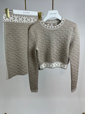 Hermes Beige and White Cropped Sweater and Skirt Cashmere Set Size FR 36 (UK 8)