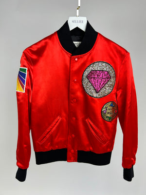 Saint Laurent Red and Black Silk Bomber Jacket with Glitter Patches Size FR 36 (UK 8)