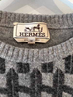 Hermès Grey Cashmere Jumper with H Logo Print Detail Size M (UK 10)