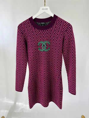 Chanel Purple, Green Zig Zag Cashmere Dress with CC Logo Size FR 36 (UK 8)