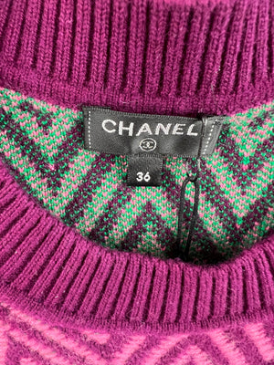 Chanel Purple, Green Zig Zag Cashmere Dress with CC Logo Size FR 36 (UK 8)