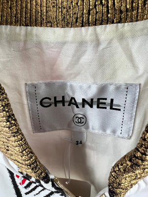 Chanel White, Gold Graffiti Print Bomber Jacket Size FR 34 (UK 6)