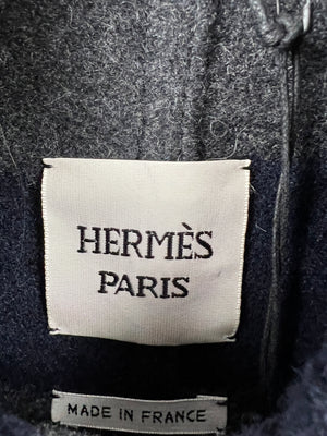Hermes Navy, Grey Printed Cashmere Long-Line Gilet with Leather Pocket Detail Size FR 34 (UK 6)