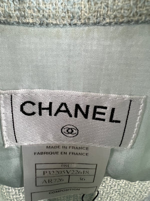 Chanel 08C Baby Blue Tweed Short-Sleeve Top with Freyed Edge and Cameila Flower Detail Size FR 36 (UK 8)