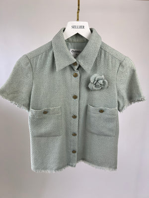 Chanel 08C Baby Blue Tweed Short-Sleeve Shirt with Freyed Edge and Cameila Flower Detail Size FR 36 (UK 8)
