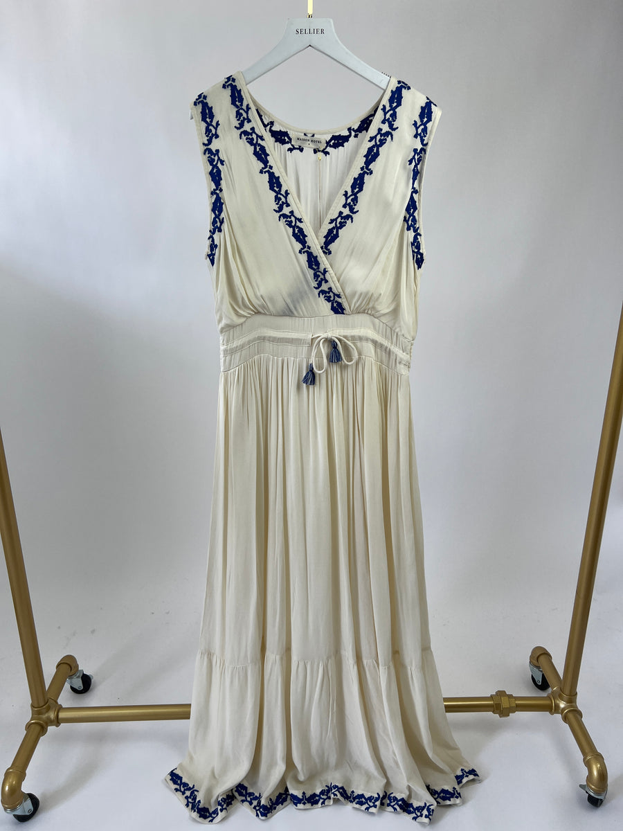 Maison Hotel Cream with Blue Embroidered to Floral Detail Maxi Linen Printed Dress Size S (UK 8)