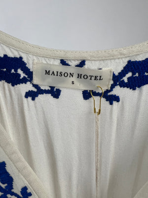 Maison Hotel Cream with Blue Embroidered to Floral Detail Maxi Linen Printed Dress Size S (UK 8)