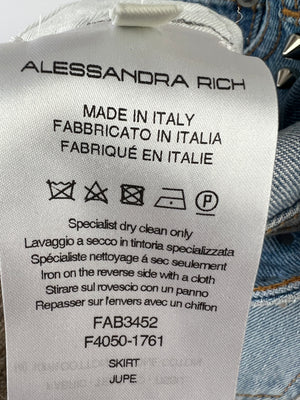 Alessandra Rich Light Wash Denim Maxi Skirt with Studded Embellishments and Frayed Hem Size 26 (UK 6)