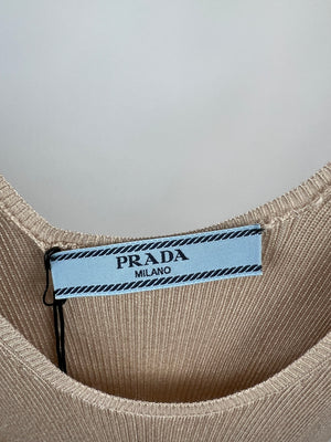 Prada Beige Knitted Silk Organza Midi Dress with Logo Print Size IT 36 (UK 4)