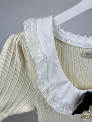 Alessandra Rich Cream Embellished Cable-Knit Stretch Cotton-Blend Midi Dress Size IT 40 (UK 8)