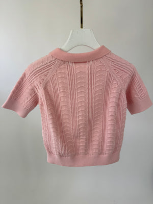 Alaia Pink Knit Short Sleeve Top with Polo Collar and Pattern Detailing Size FR 36 (UK 8)