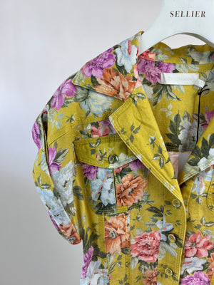 Zimmermann Yellow, Pink Floral Linen Dress with Raffia Belt Size 0 (UK 8)
