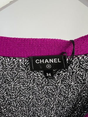 Chanel Metallic Thread Black, White Tweed Cardigan with Purple Trim, Sequin Embellished and Crystal Button Detail Size FR 34 (UK 6)