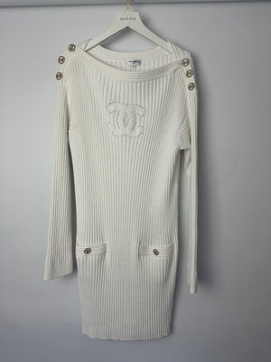 Chanel 20P White Ribbed Long Sleeve Mini Dress with CC Logo Buttons FR 42 (Size 14)
