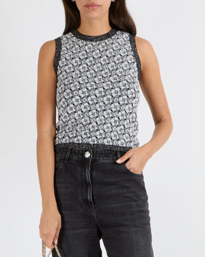 Chanel Fall 2023 Silver and Black Sleeveless Camellia Top with CC Logos Size FR 36 (UK 8)