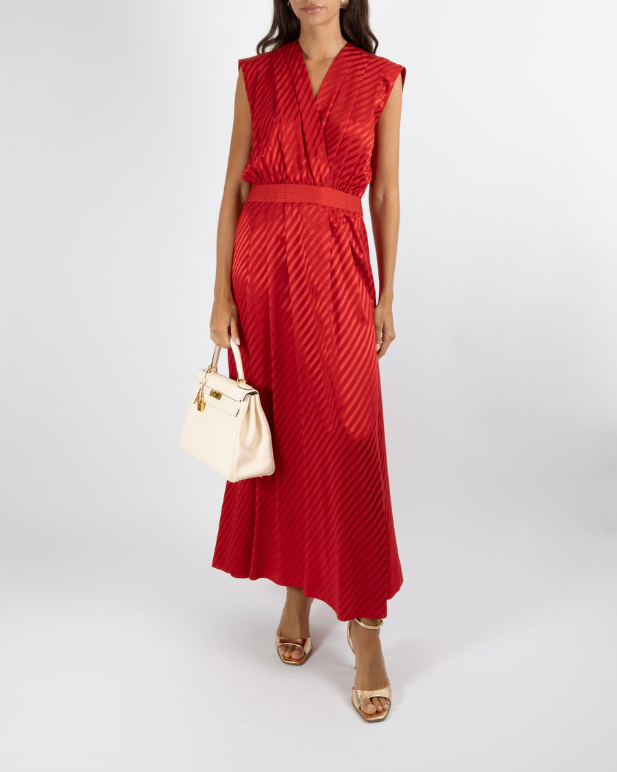 louis vuitton red dress Louis Vuitton Spring 2025 Red Silk Striped Sleeveless Maxi Dress with – Sellier