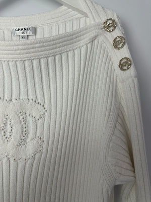 Chanel 20P White Ribbed Long Sleeve Mini Dress with CC Logo Buttons FR 42 (Size 14)