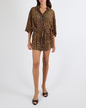 Valentino Runway Brown and Black Silk Leopard Print Short Sleeved Button Down Kaftan Shirt with Waist Tie Detail Size IT 40 (UK 8) RRP £2,500