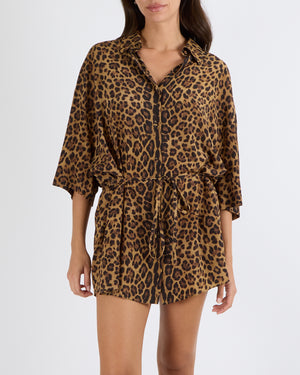 Valentino Runway Brown and Black Silk Leopard Print Short Sleeved Button Down Kaftan Shirt with Waist Tie Detail Size IT 40 (UK 8) RRP £2,500