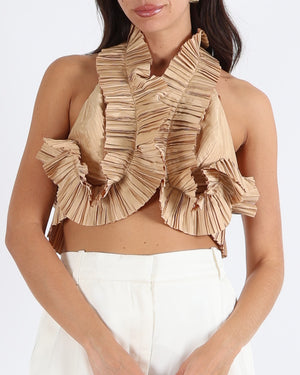 Cult Gaia Pleated Adilia Crop Top in Beige Size S (UK 8) RRP £485